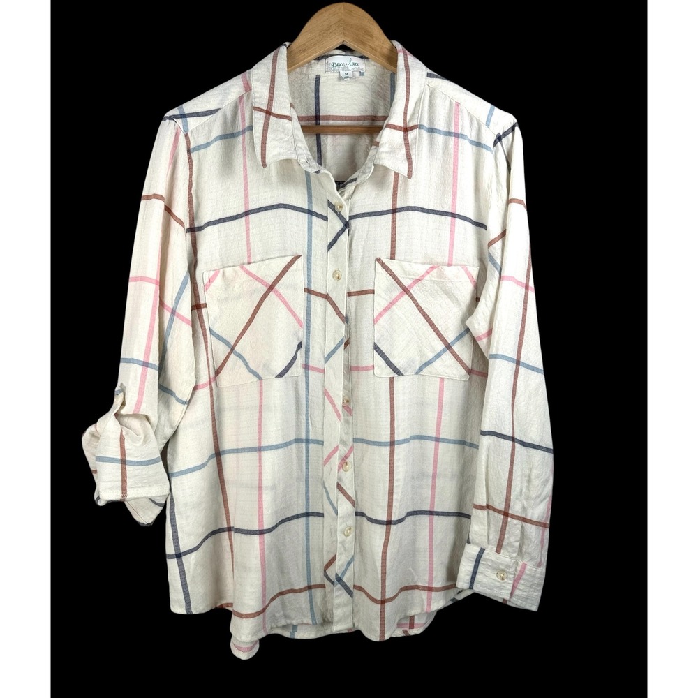 Grace & Lace Button Down shirt sz M Cream Plaid preppy lagen Roll Tab Sleeve
